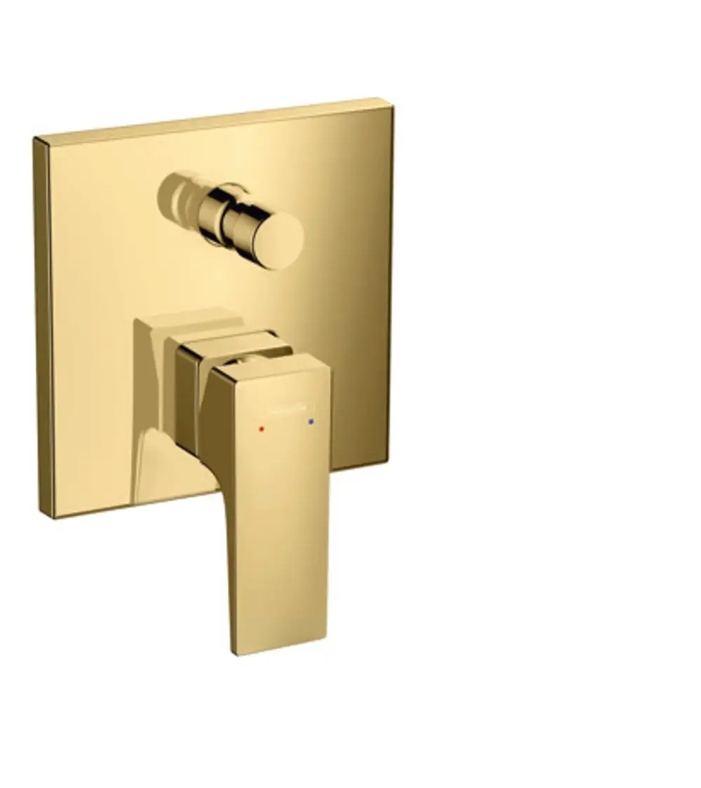 Unterputz-Wannenmischer mit Hebelgriff in Goldoptik von Hansgrohe. Quadratische Wandplatte mit farblich gekennzeichneten Temperaturanzeigen.